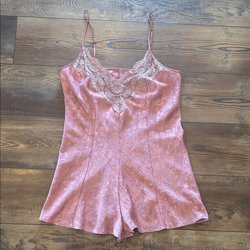 Elegant Pink Lace Trim Satin Romper